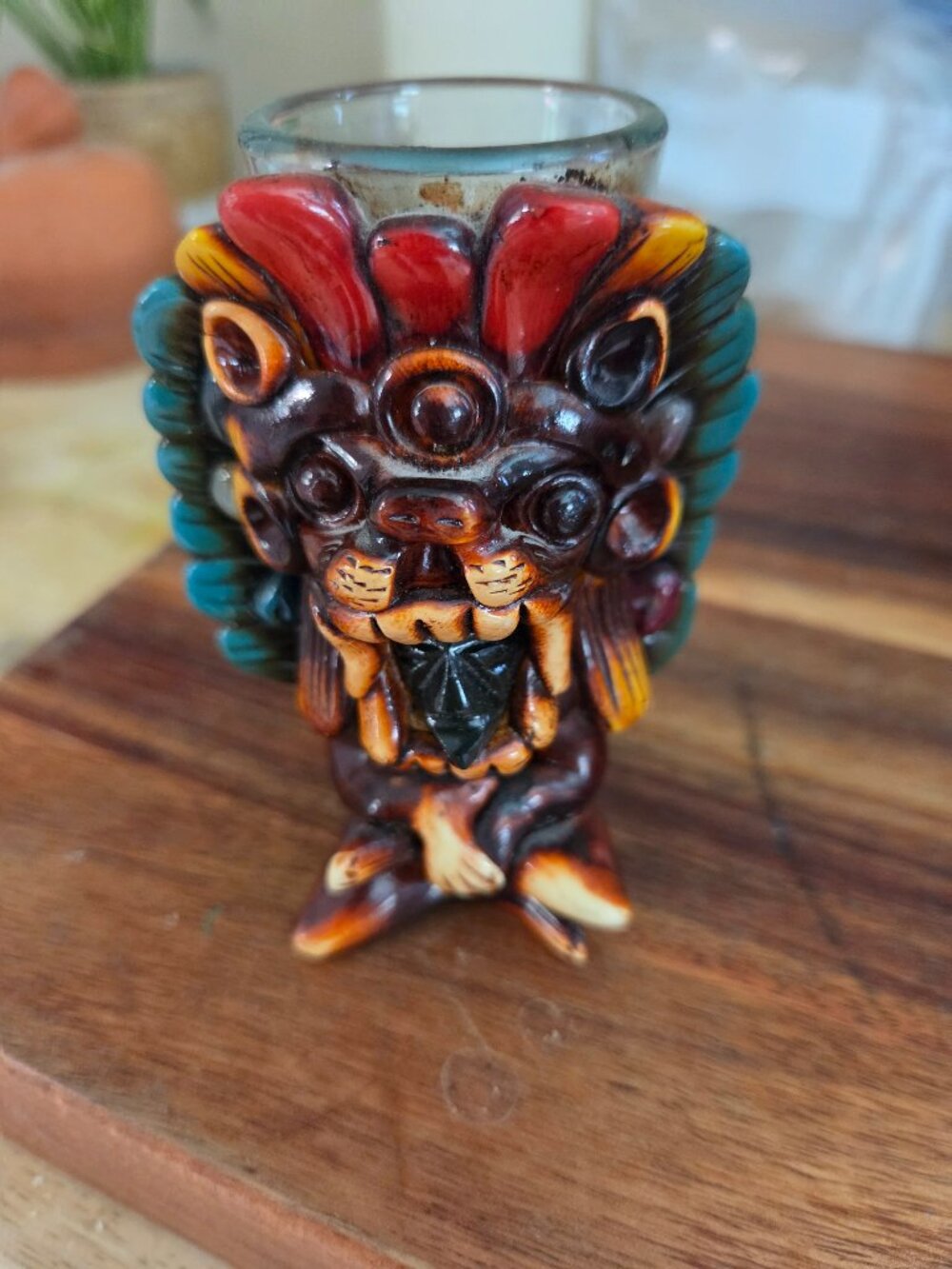 aztec or mayan mexican warrior shotglass resin feathered headress